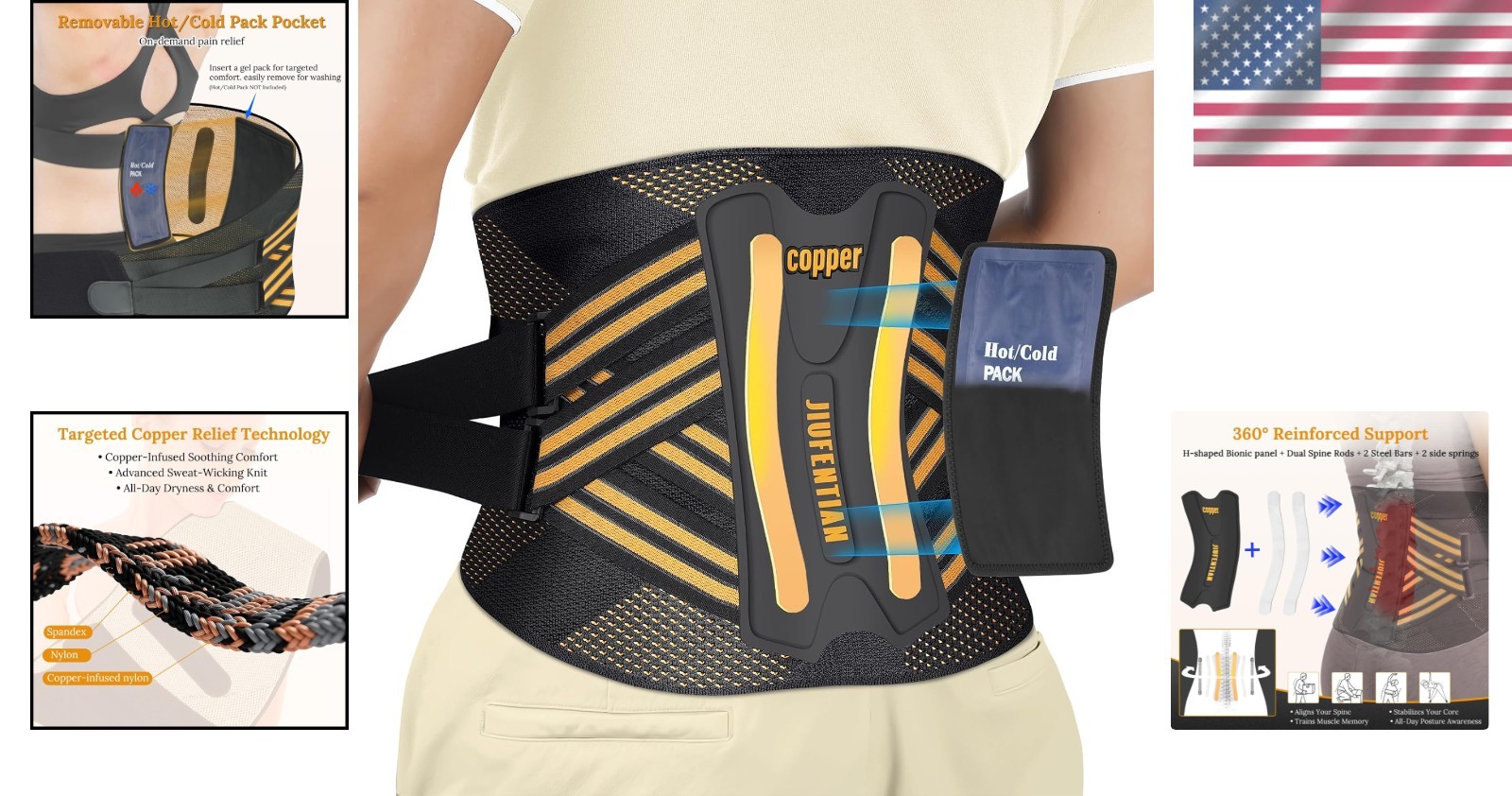 Copper Lower Back Brace – Removable Spine Rods & Therapy Pocket for Pain Relief