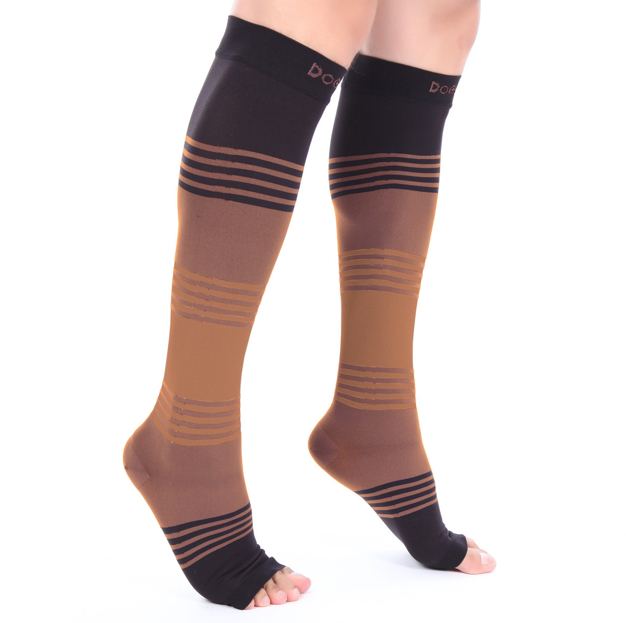 Doc Miller Open Toe Socks Compression Sleeve 20-30 mmHg Varicose Veins BLACK/TAN