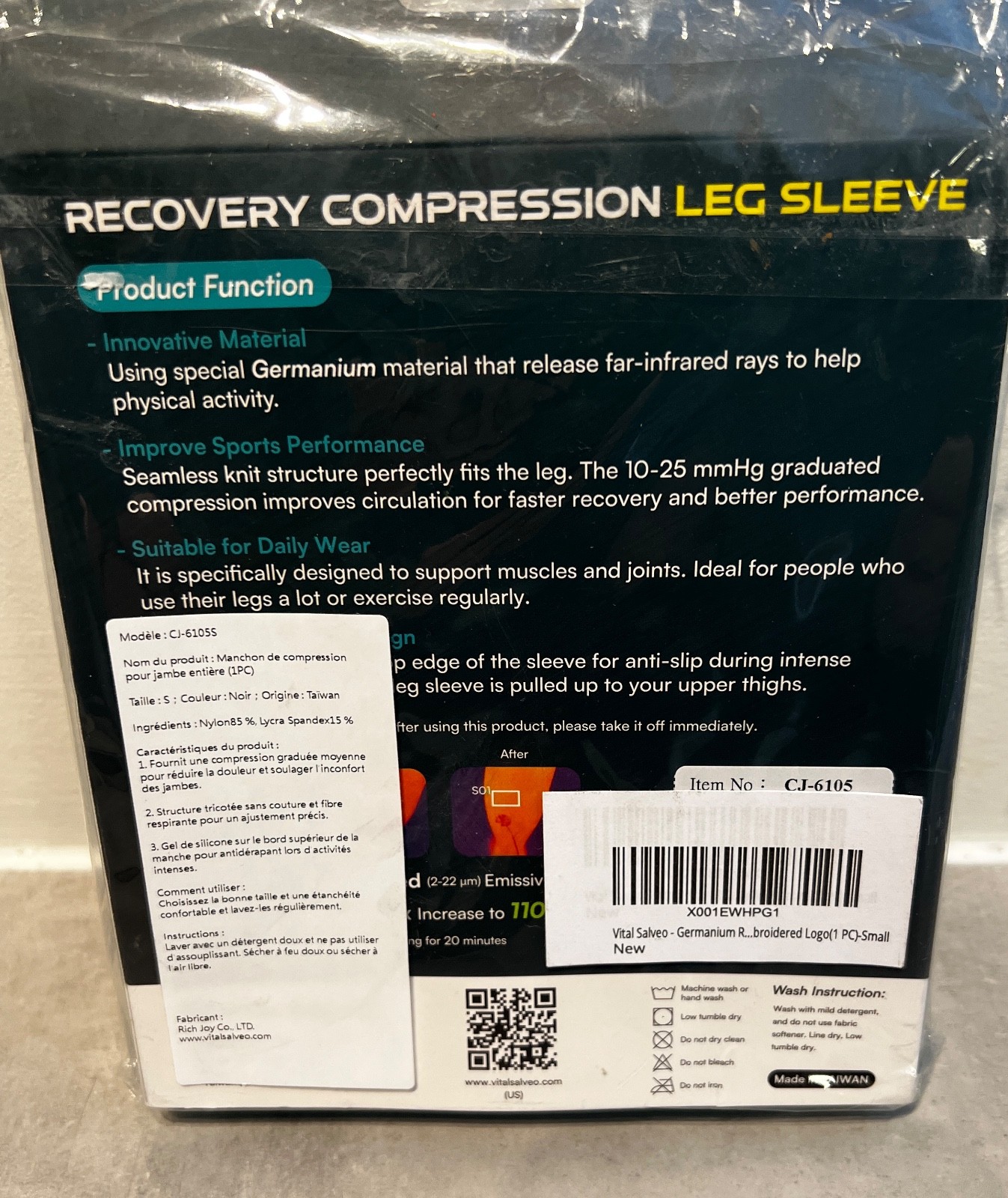 NEW Vital Salveo-Germanium Recovery Compression Sports Full Leg Sleeve SMALL