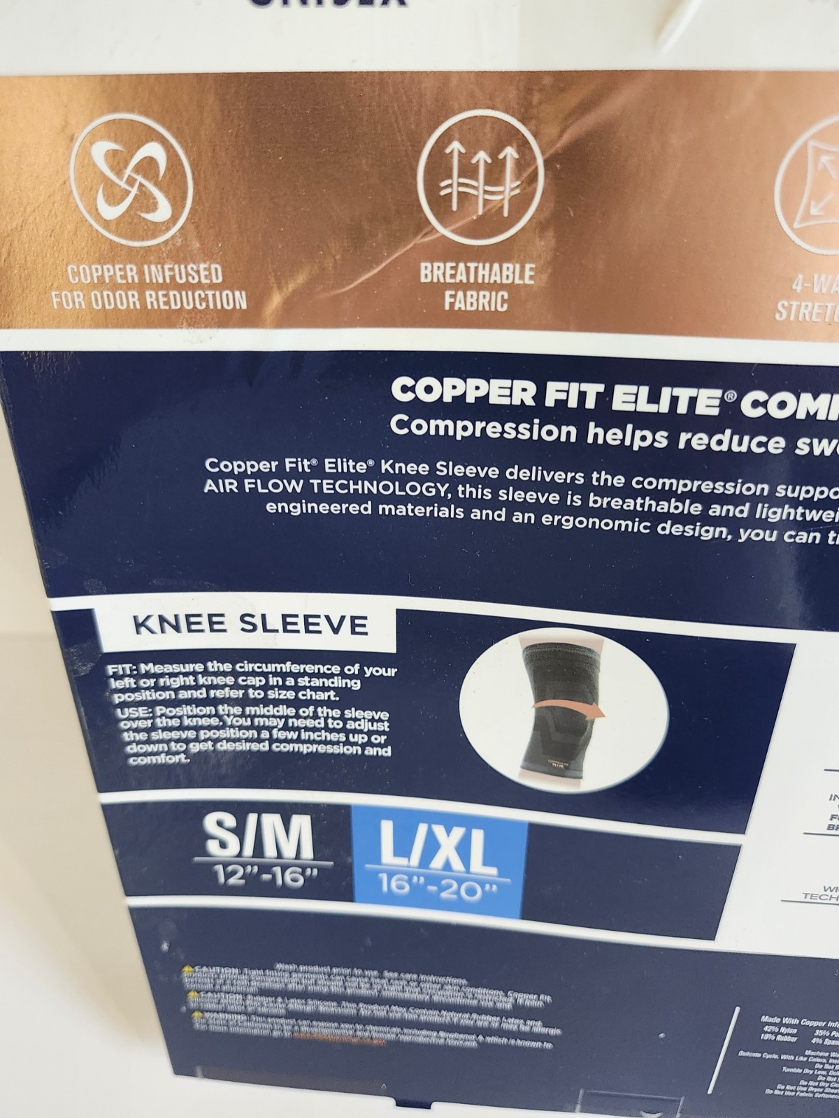 Elite Copper Fit Knee Compression Sleeve Flexible L/XL 16″-20″, 2-PACK Open Box