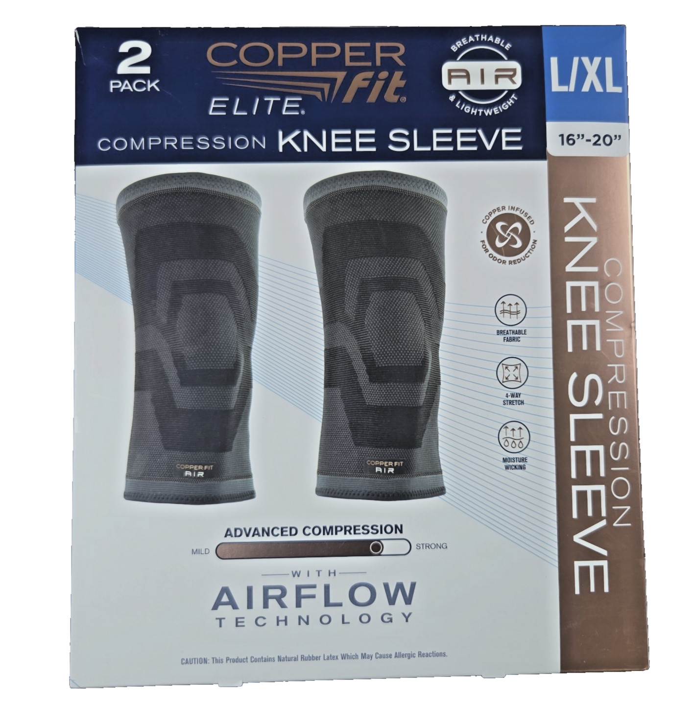 Copper Fit Elite Compression Knee Sleeve 2 Pk L XL 16-20″ Airflow NEW Open BO