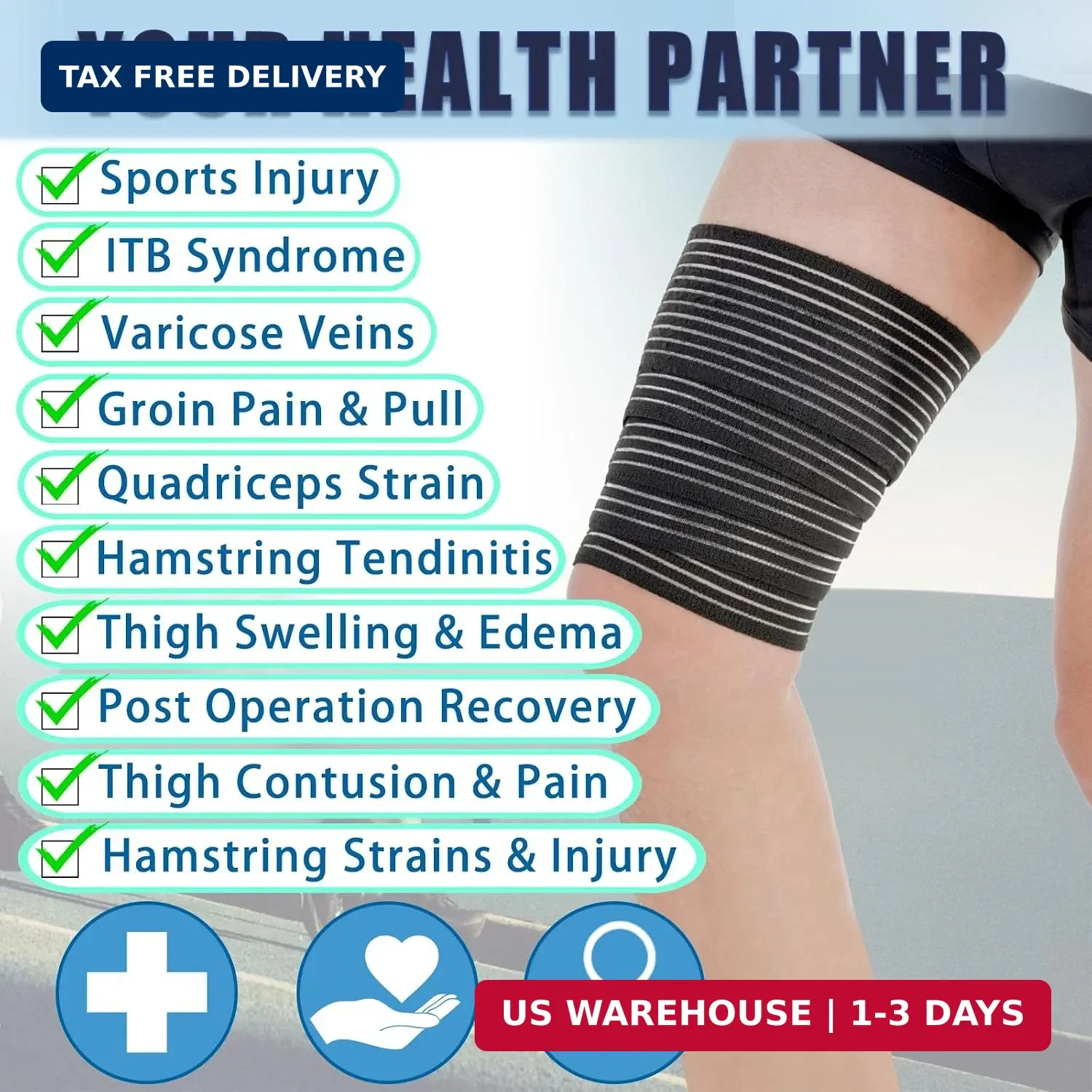 1 Pcs Hamstring & Thigh Compression Wrap, Adjustable Thigh Compression Brace, Qu