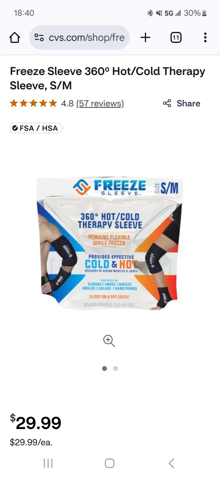 Freeze Sleeve Small / Medium Hot & Cold Therapy Compression Pain Relief Sleeve