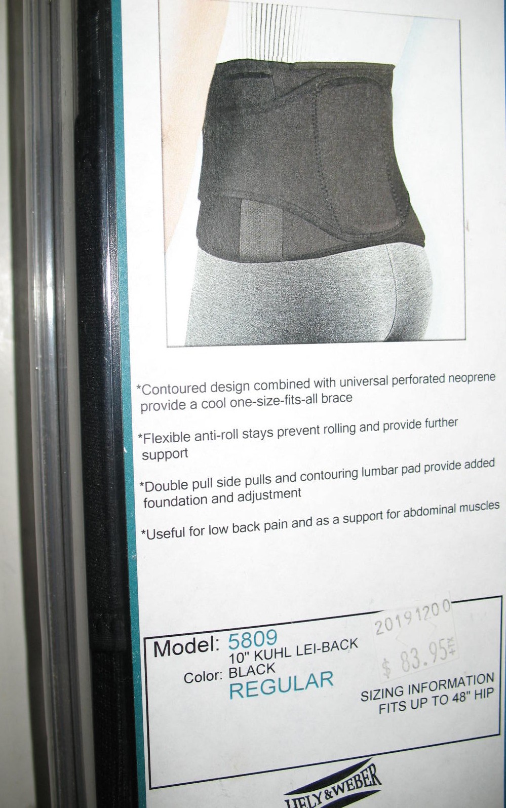 Hely & Weber KUHL Lei Back Brace 5809 Regular / Medium Adj. Neoprene Lumbar Stab