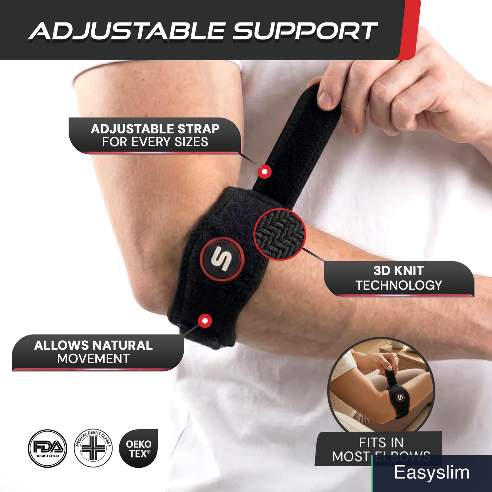 Elbow Support Brace Adjustable Compression Black Single 9-23 Inch