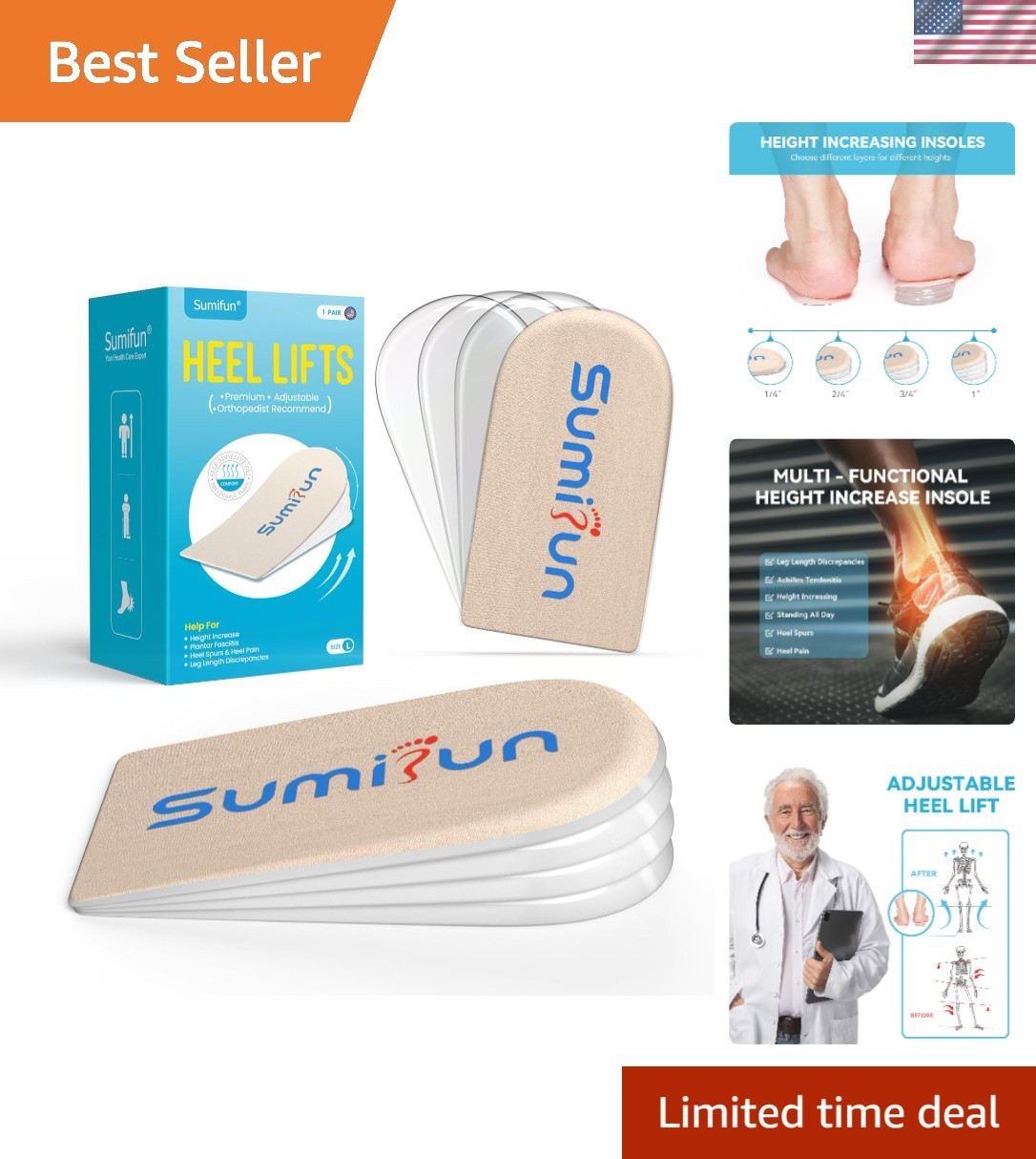 Adjustable Gel Heel Lifts (1 Pair), 1″ Height Increase Insoles with High-Density
