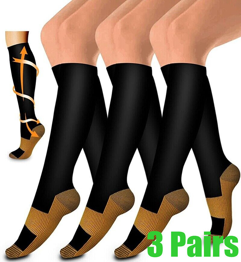 (3 Pairs) Copper Compression Socks 20-30mmHg Graduated Support Mens Womens S-XXL