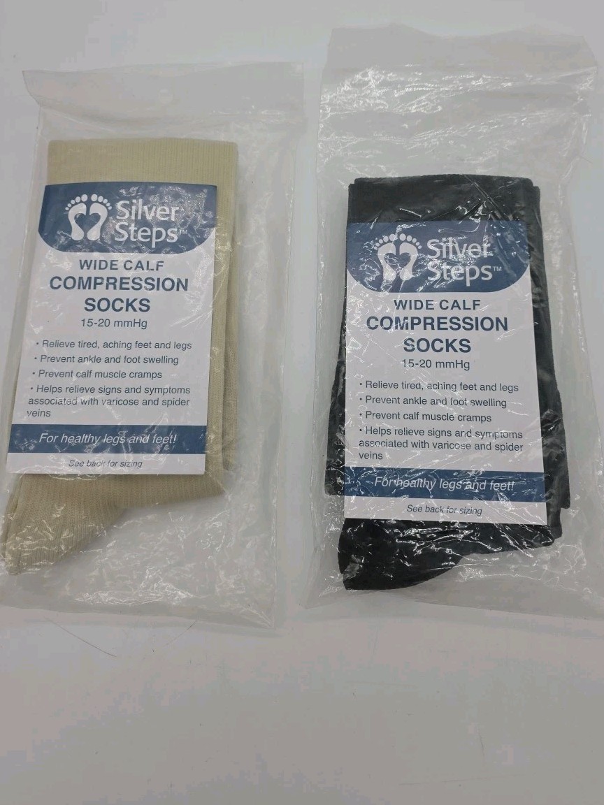 Compression Socks Wide Calf 15-20mmHg Black Tan Large Silver Steps 2 Pack New