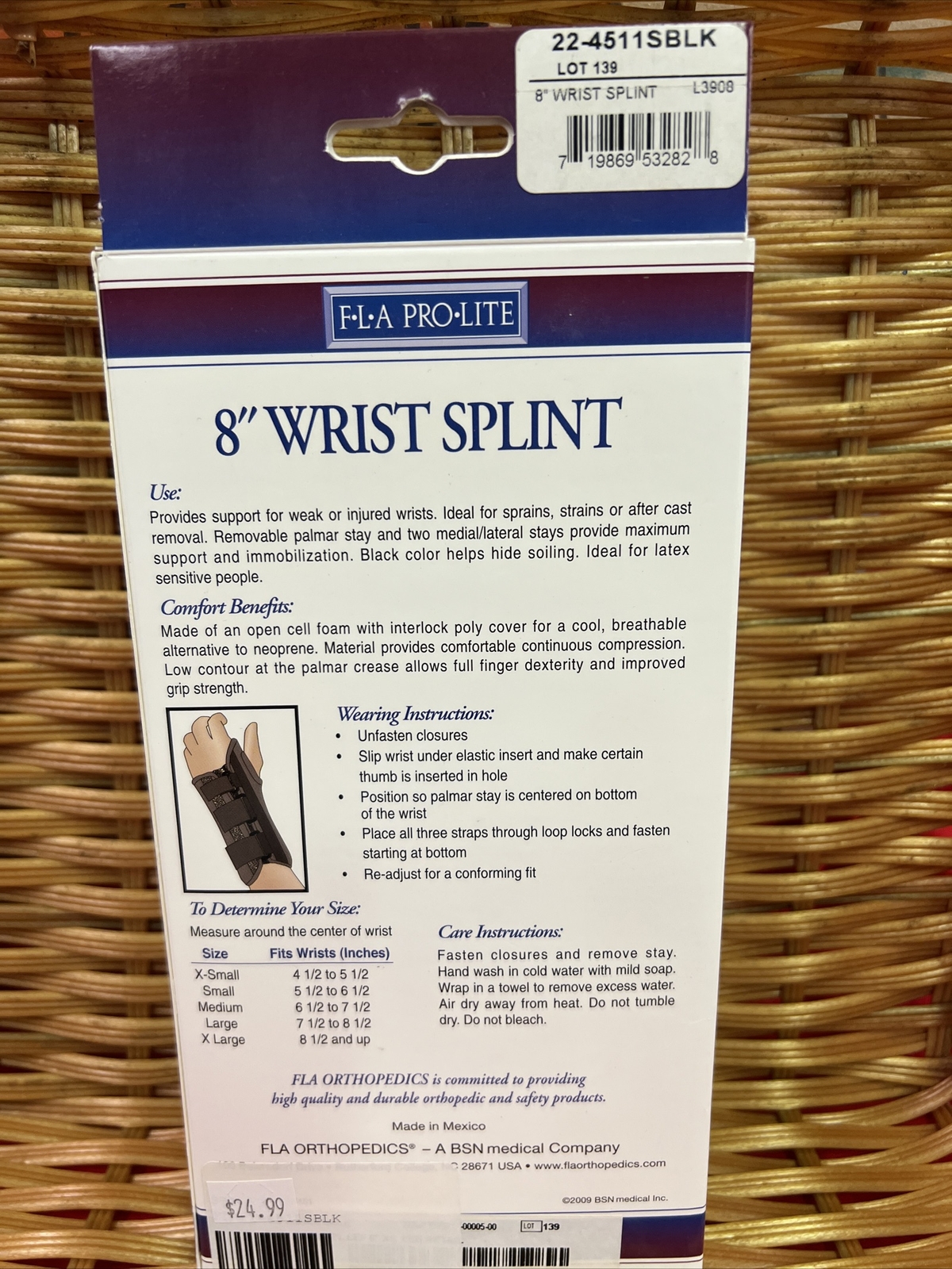 FLA Pro-Lite 8″ Wrist Splint Black Left Hand X-Small New In Box