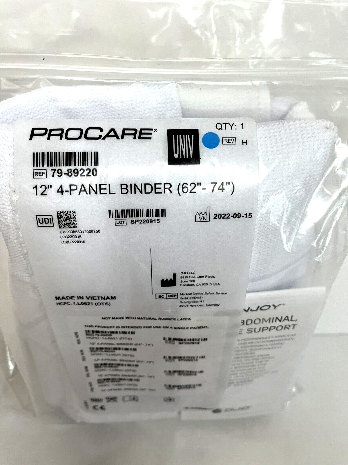 Back Abdominal Rib Cage Support 4 Panel Binder 62” – 74” XL White Donjoy Procare
