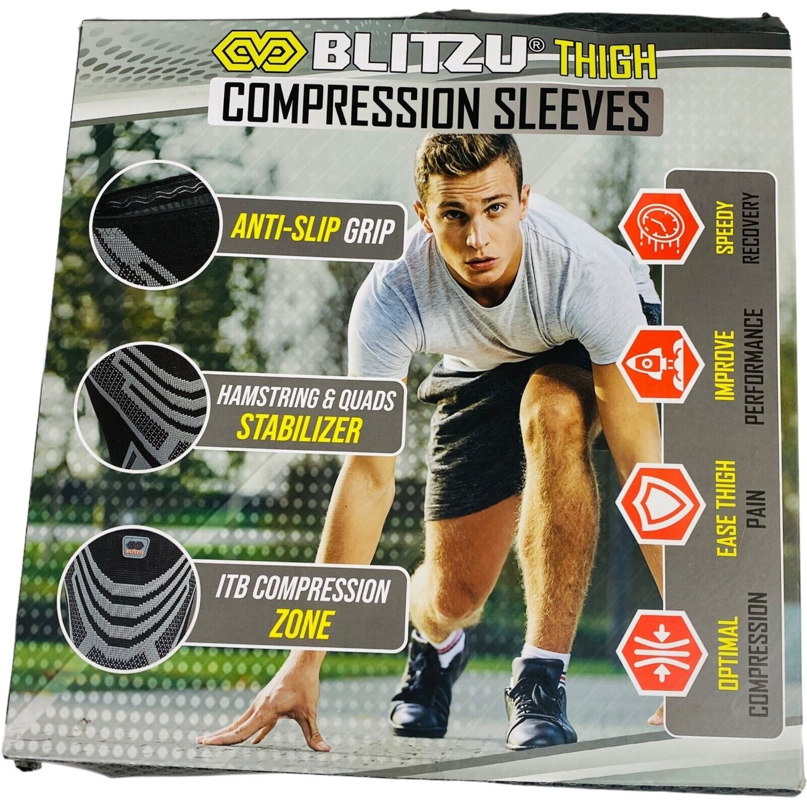 Thigh Compression Sleeves Anti-Slip Grip Stabilizer Zone Black L Pack of 2