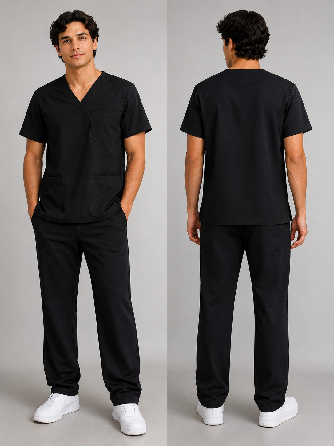Men’s Medical Nursing Scrub Set V-Neck Top Straight Leg Pants 3 Pockets