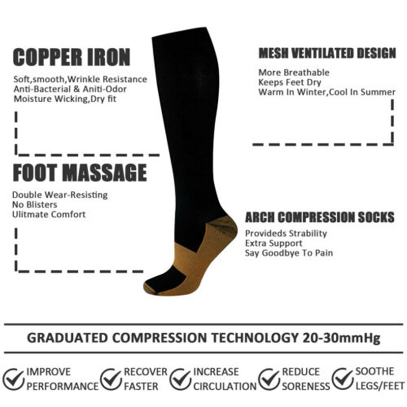 3 Pair Copper Compression Socks Over The Calf Regulation Ultra-Fit Support Socks