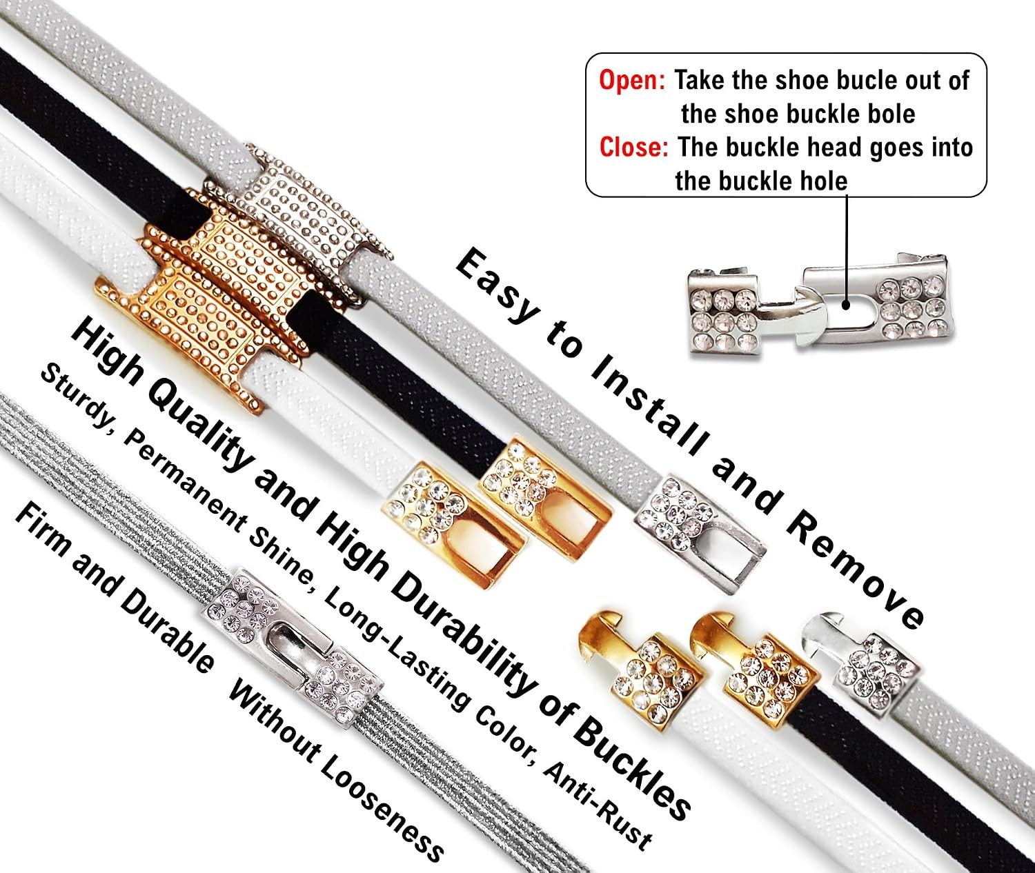 Elastic No Tie Shoe Laces with Bling Diamond Locks & Charms for Women’s Sneakers