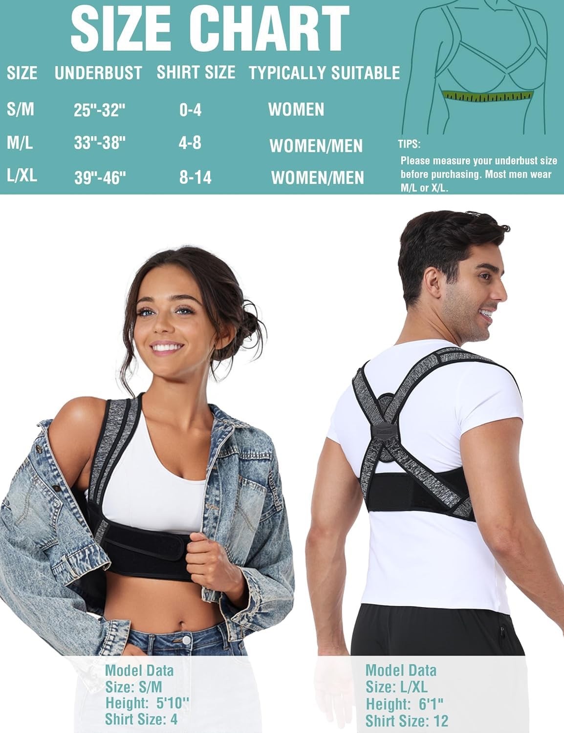 Bamboo Fiber Back Brace Posture Corrector Men & Women Back Pain Relief Sz M/L