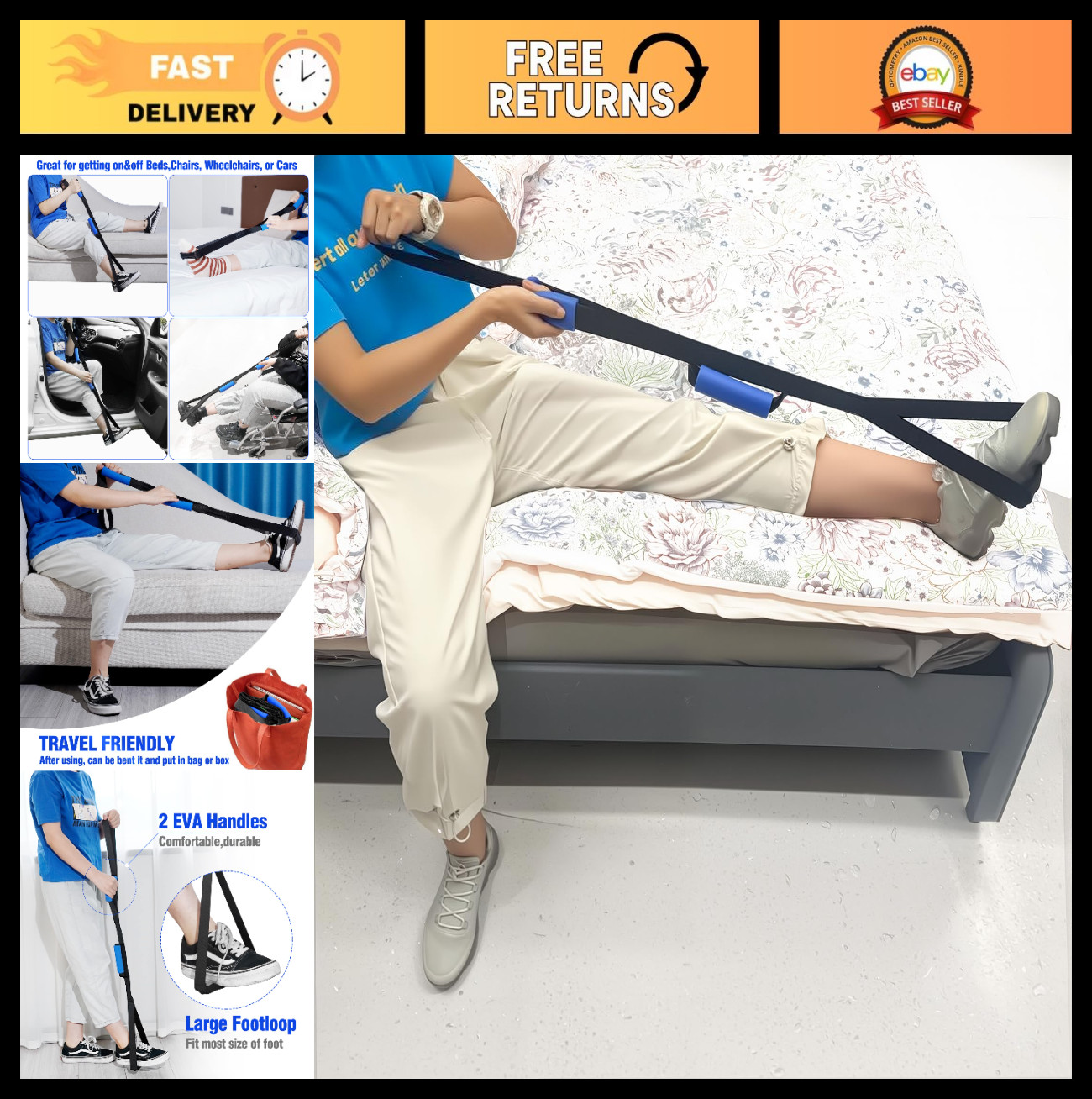 42″ Leg Lifter Strap for Hip & Knee Replacement, Mobility Aid for Seniors & Disa