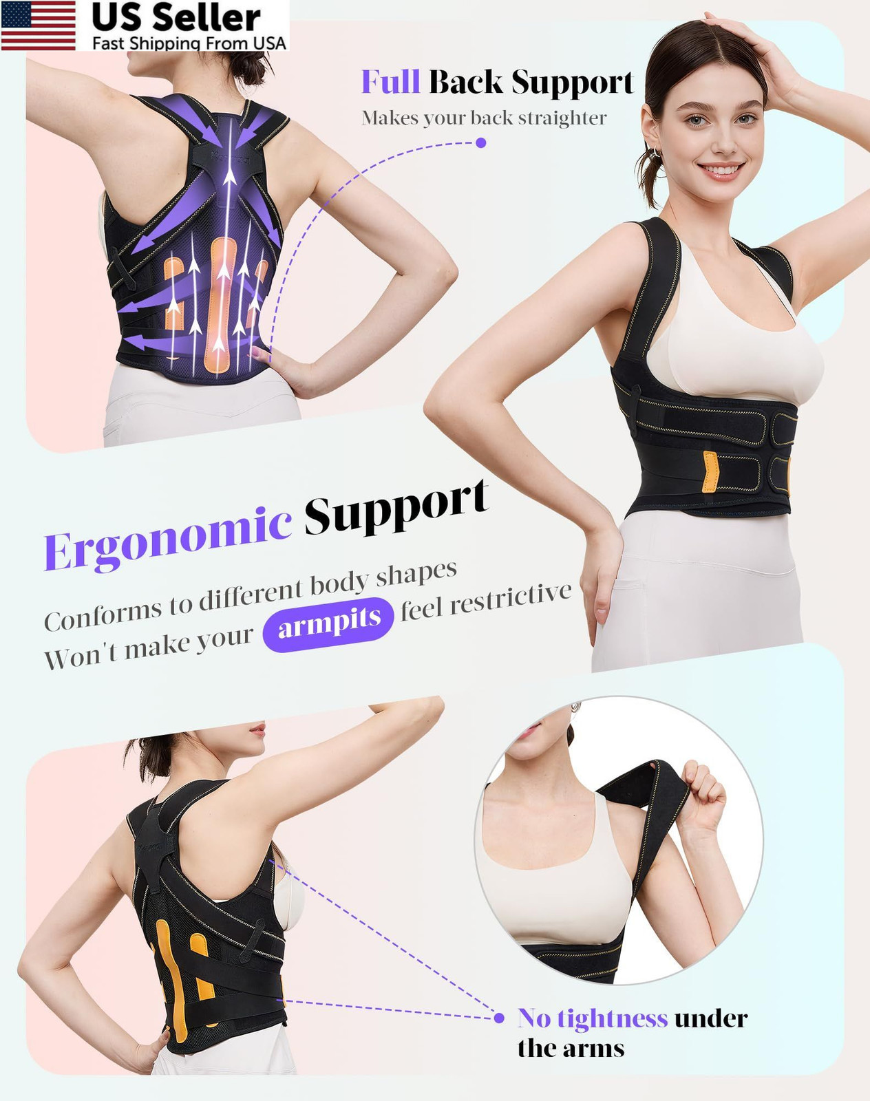 Posture Corrector for Women and Men, 5 Full Back Support Small, Black Yellow