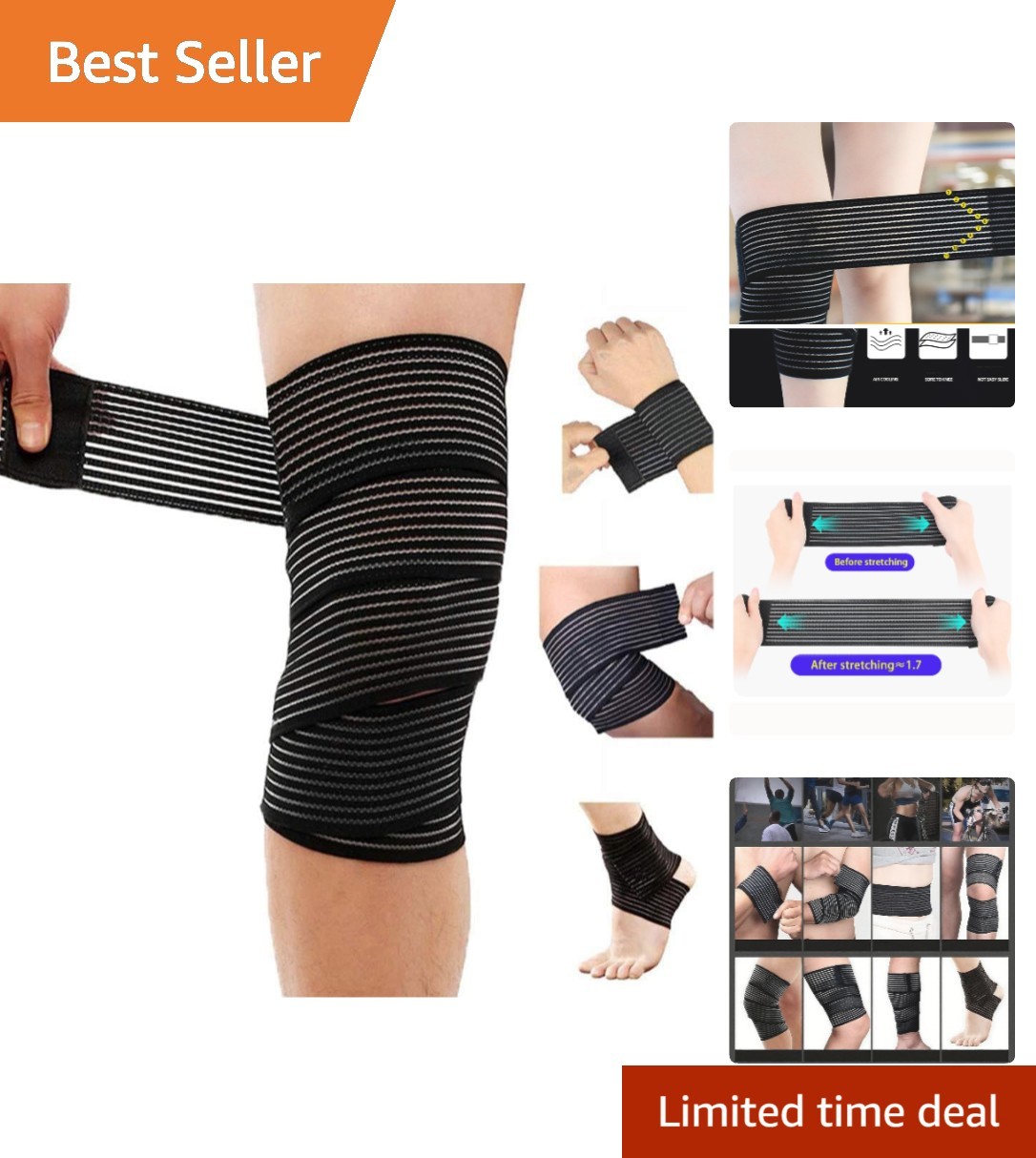 Extra Long Knee Wrap Compression Bandage Support – 70.8 inches for Joint Pain