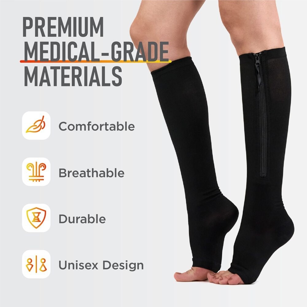 Open Toe Zipper Compression Socks Support Graduated Stockings Unisex 20-30mmHg