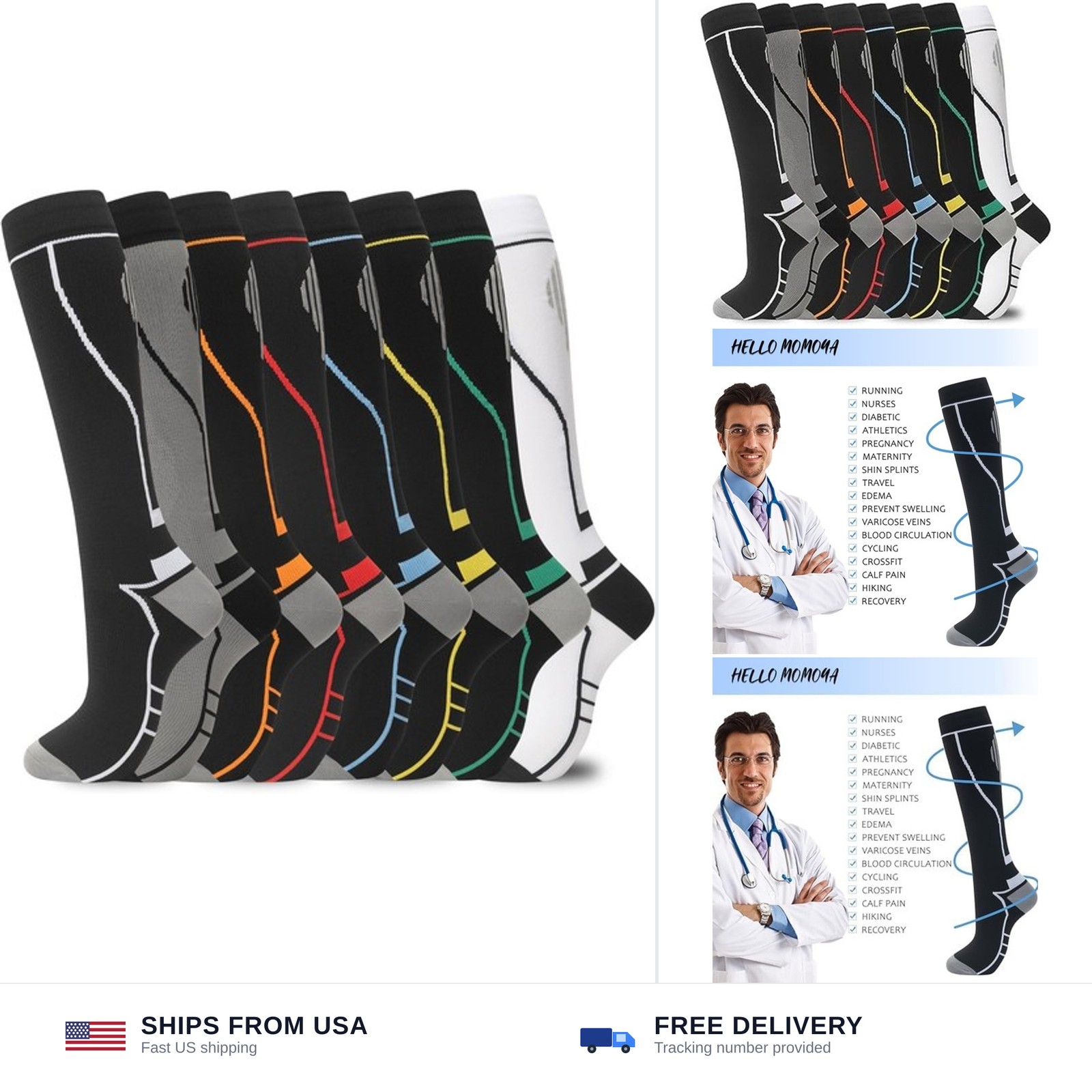 hello momoya Compression Socks for Women Men Circulation Knee High 8 Pairs fo…