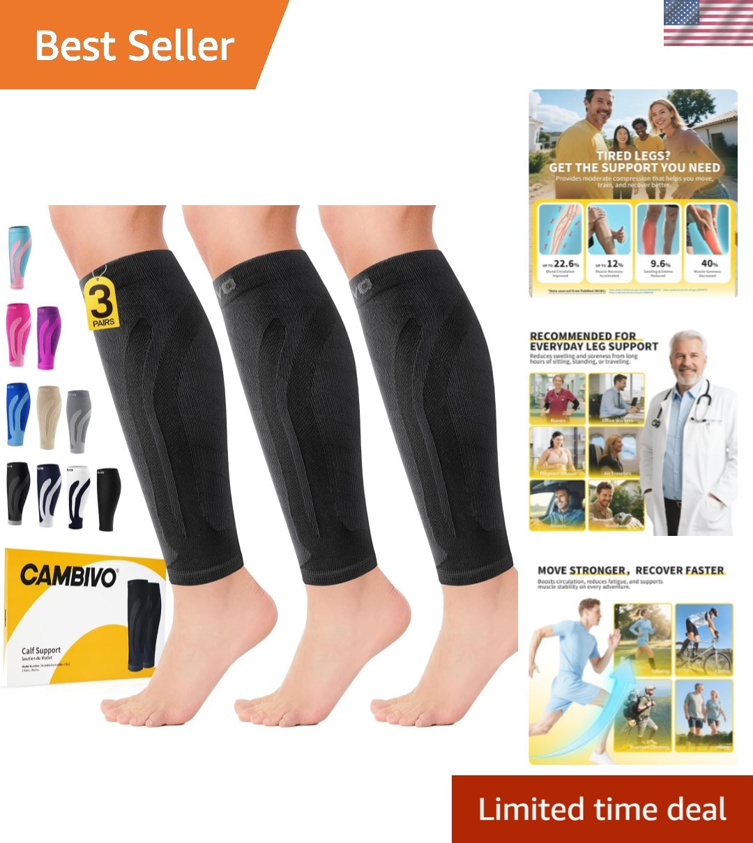 Calf Compression Sleeves Leg Support for Shin Splints & Pain Relief 3 Pairs