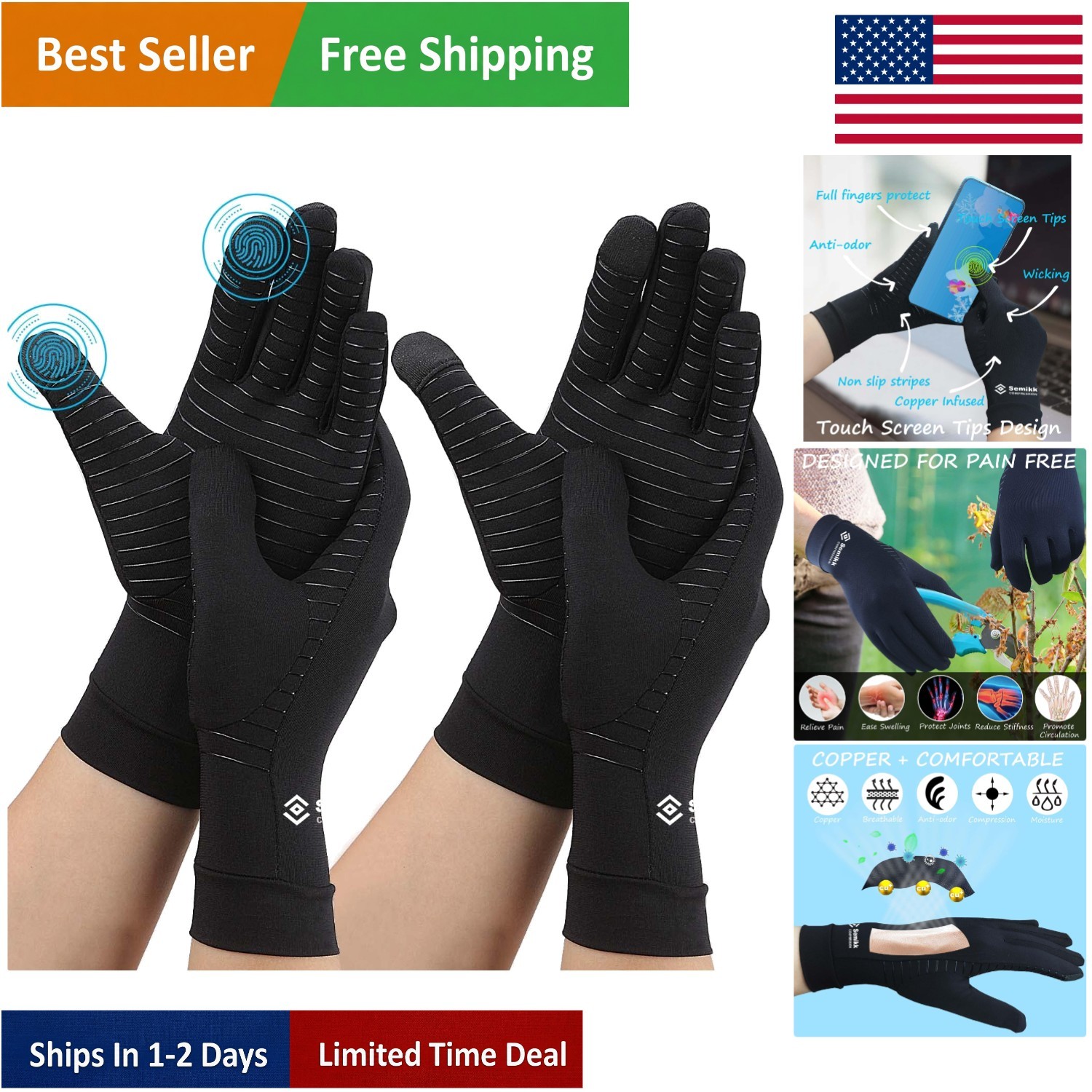 Large Full Finger Copper Compression Gloves for Arthritis & Joint Pain Relief