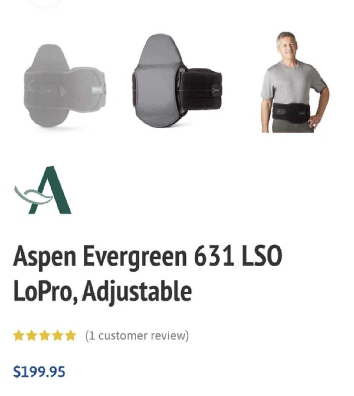 Adjustable Back Brace, EVERGREEN LSO LOPRO By Aspen Medical #36-3111.