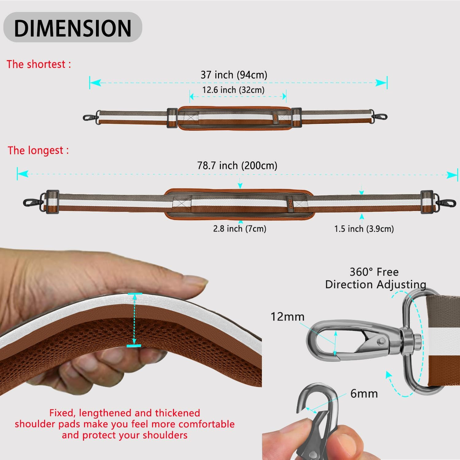 79 inch Shoulder Strap, Extra-thick Fixed Cushion Pad and Dual Clasps Universal