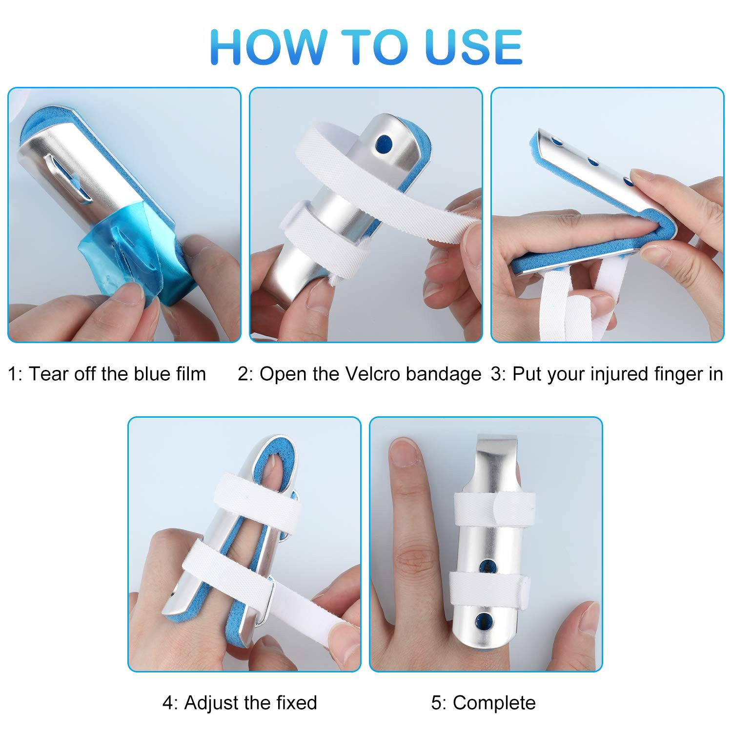 10PCS Metal Finger Splints, Padded Support Brace, 3 Sizes, Adjustable, Blue