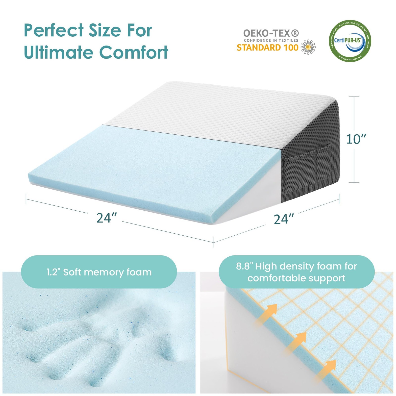 Cozymaker 10″ Bed Wedge Pillow for Triangle 24*24*10 inch, White-grey