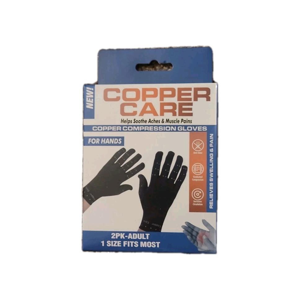 New! Copper Care Copper Compression Gloves Adult, 1 Size FITS MOST- 2 Gloves