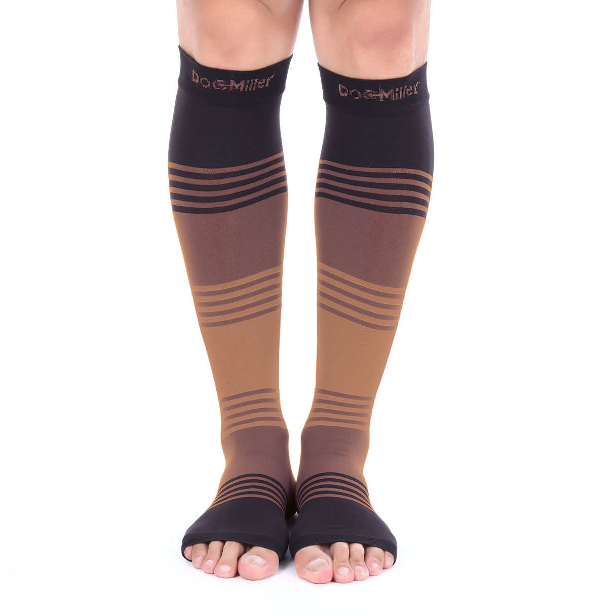 Doc Miller Open Toe Socks Compression Sleeve 20-30 mmHg Varicose Veins BLACK/TAN