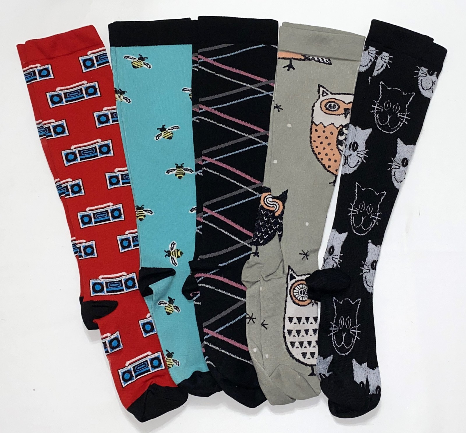 5 PAIRS Compression Socks Women 15-20 mmHg Knee High Running Travel Cute Designs