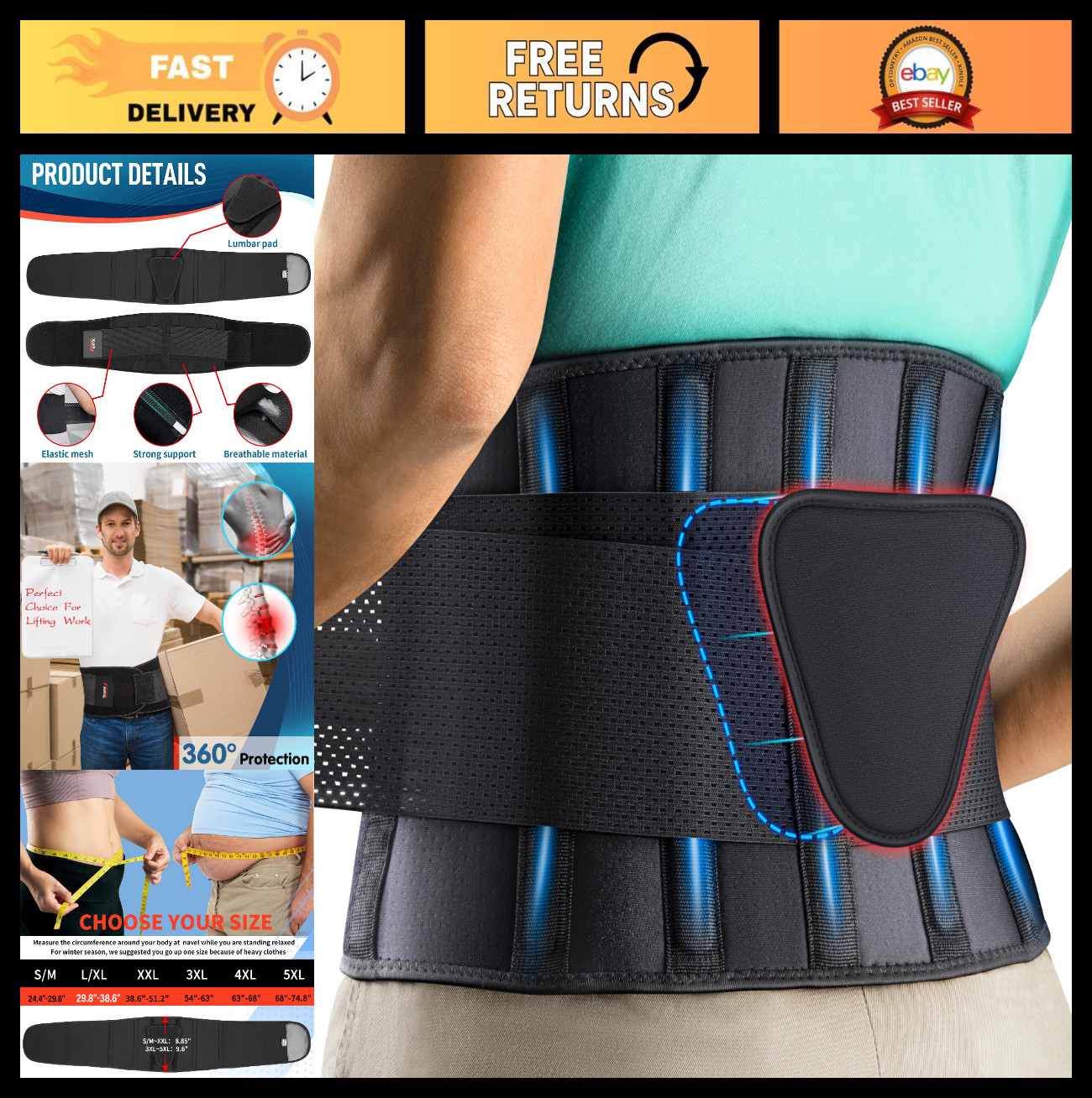 Adjustable Lumbar Support Back Brace for Pain Relief, Sciatica, Herniated Disc –