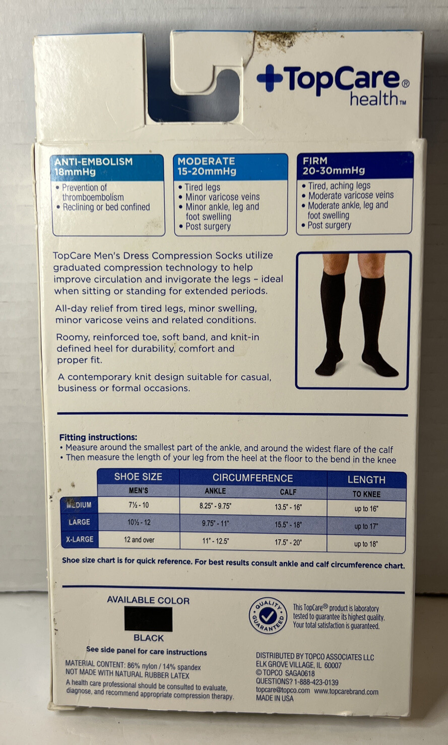 Top Care Health Men’s Dress Socks Closed Toe 15-20mmHg (Black) Large
