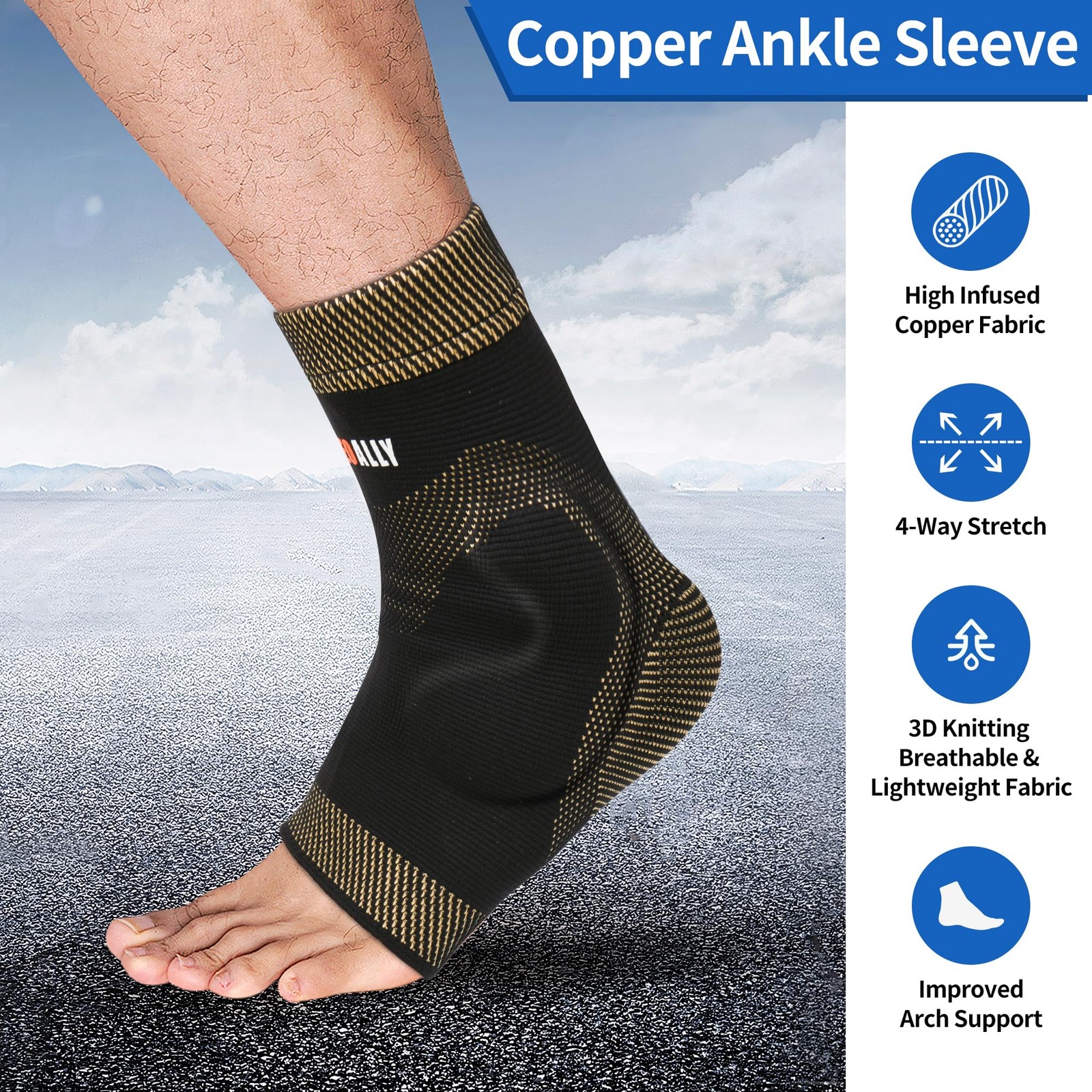 NeoAlly Copper Ankle Support Brace Compression Sleeve with Silicone Medium
