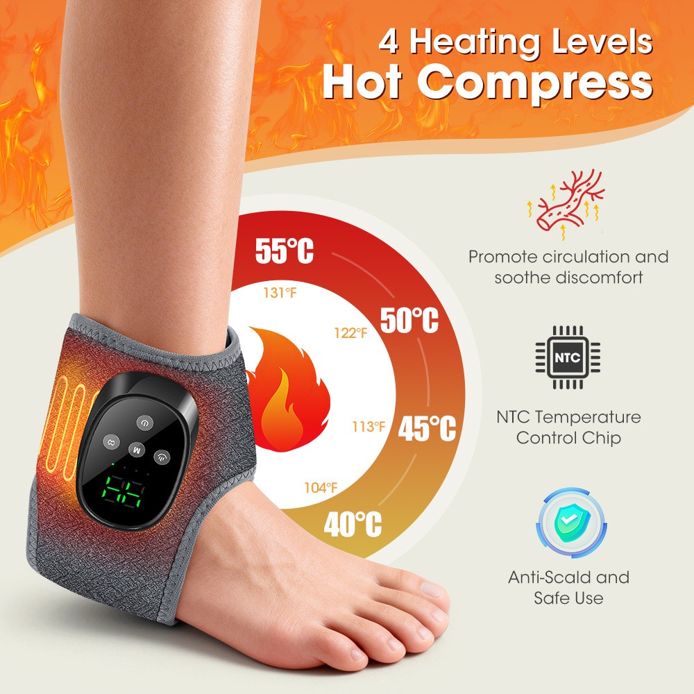 Rechargeable Heated Ankle Massager with Vibration, 4 Temp Levels LCD Display