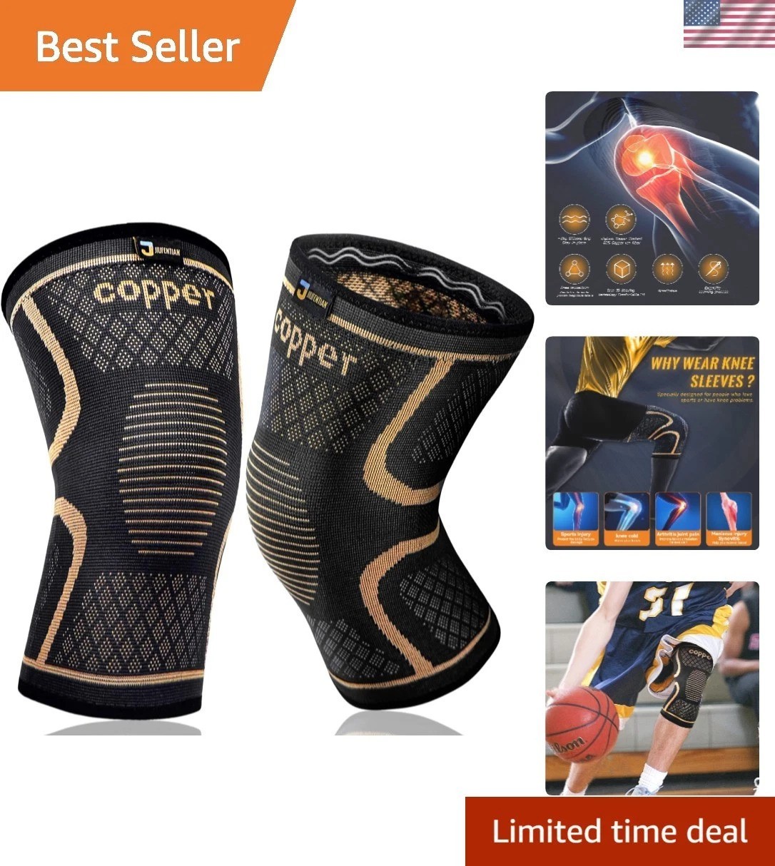 Large Copper Knee Sleeves for Arthritis & Sports – 2 Pack Pain Relief Solution
