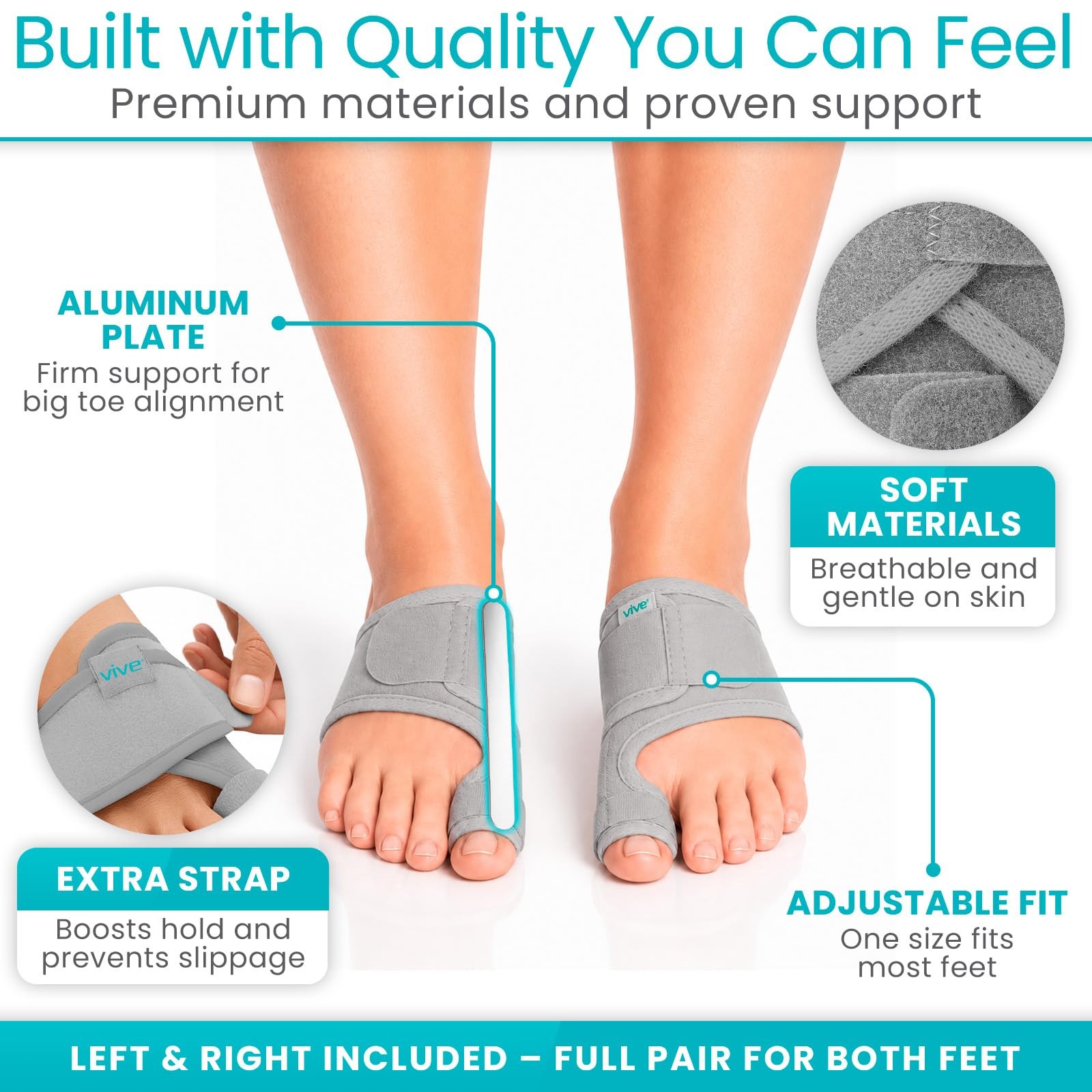 Vive Bunion Brace (Pair) – Big Toe Corrector 1 Count (Pack of 1), Gray