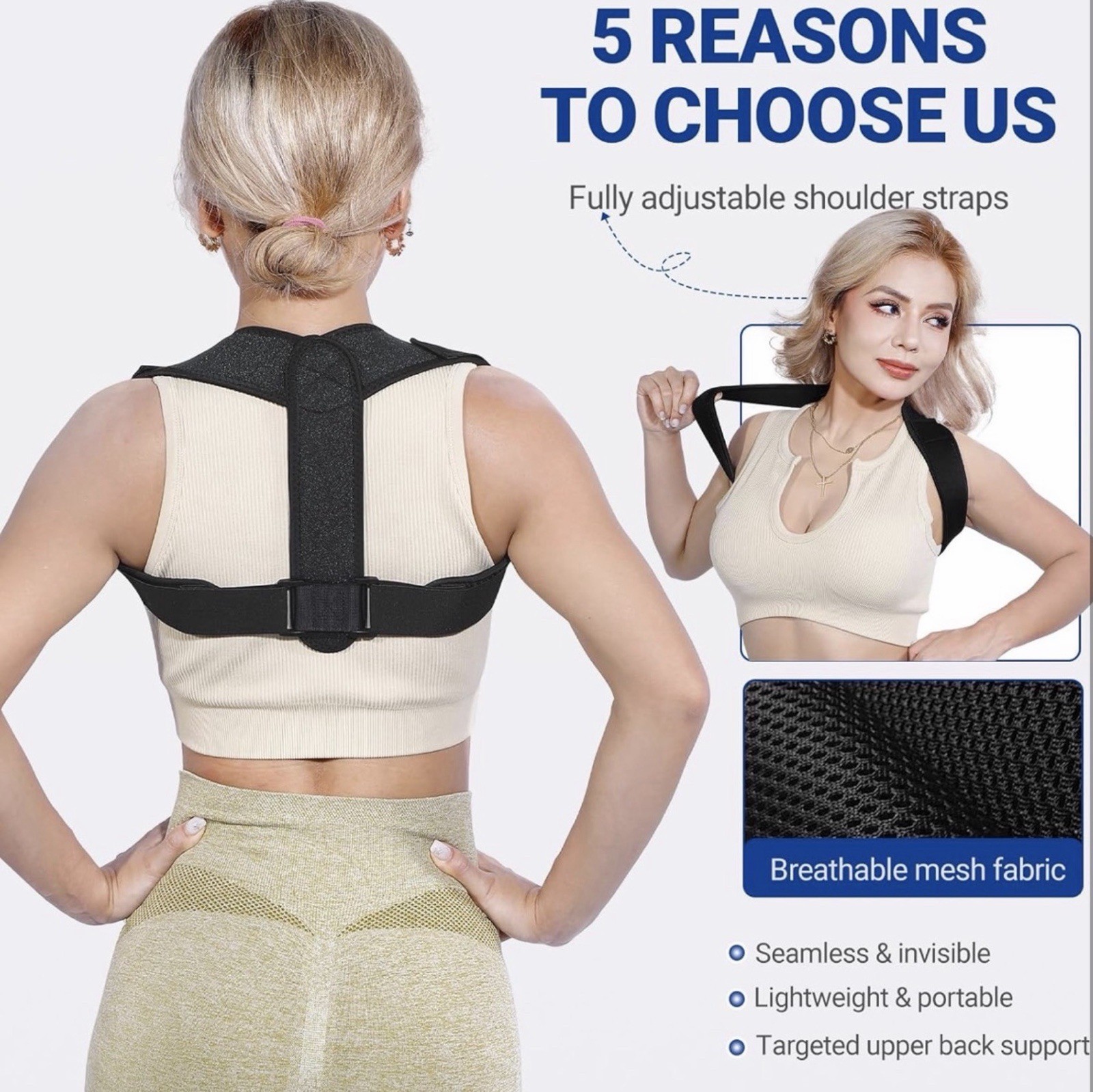 Posture Corrector Women Men Black Adjustable Upper Back Brace + Spine Support