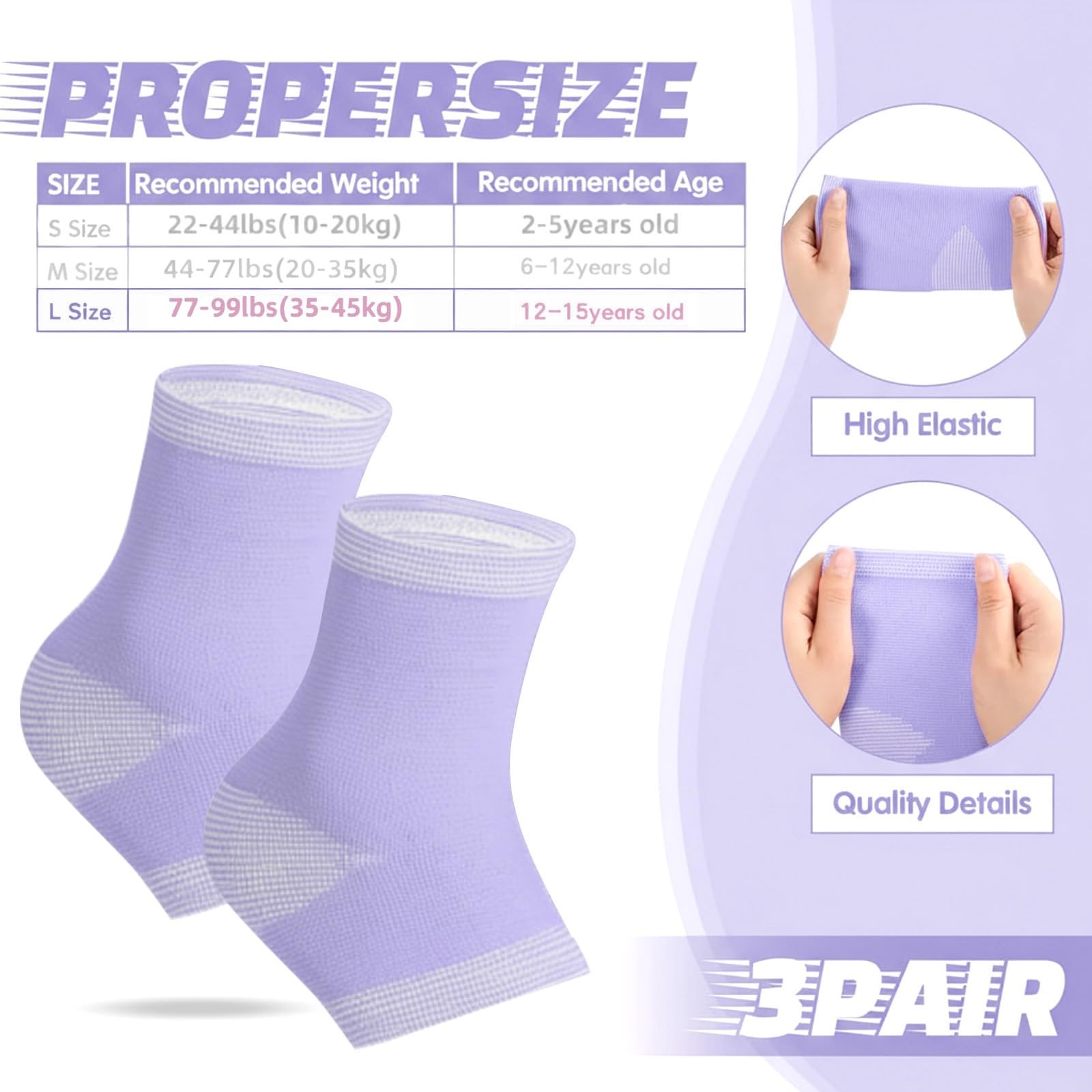 Tarpop 3 Pair Ankle Compression Sleeves for Kids Brace Large, Purple