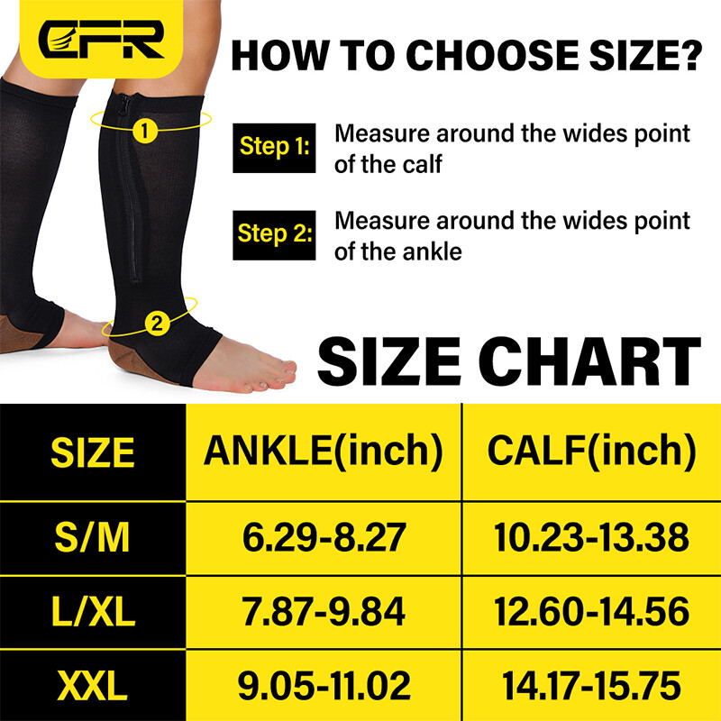 Pair Copper Open Toe Compression Socks Zipper Leg Calf Ankle Support Men Women