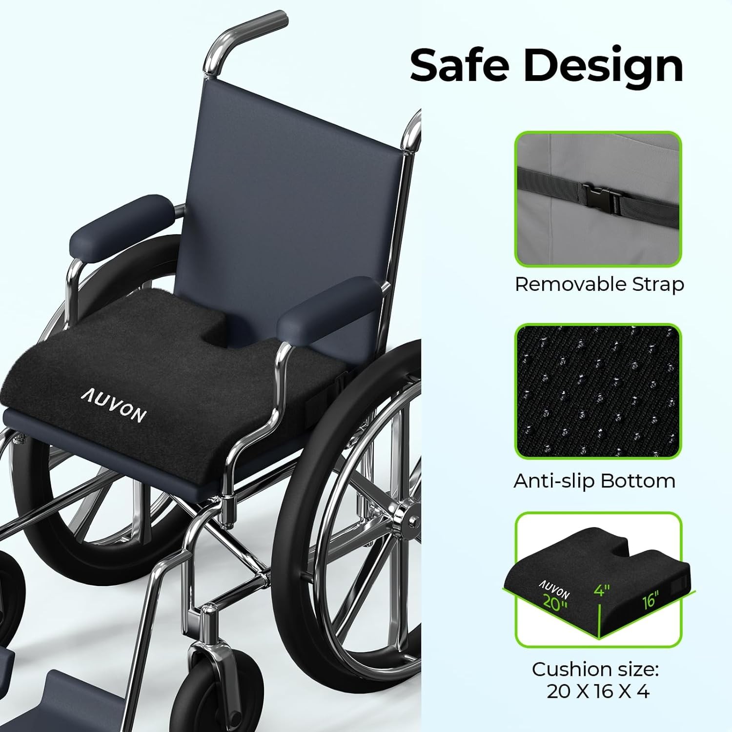 AUVON Wheelchair Seat Cushions (20″x16″x4″) for L (20x16x4in), Black