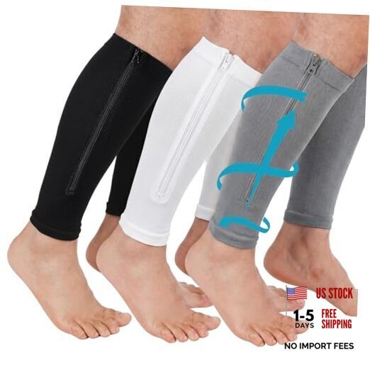3 Pairs Calf Compression Sleeve with Zipper for Men Women No Black White Gray