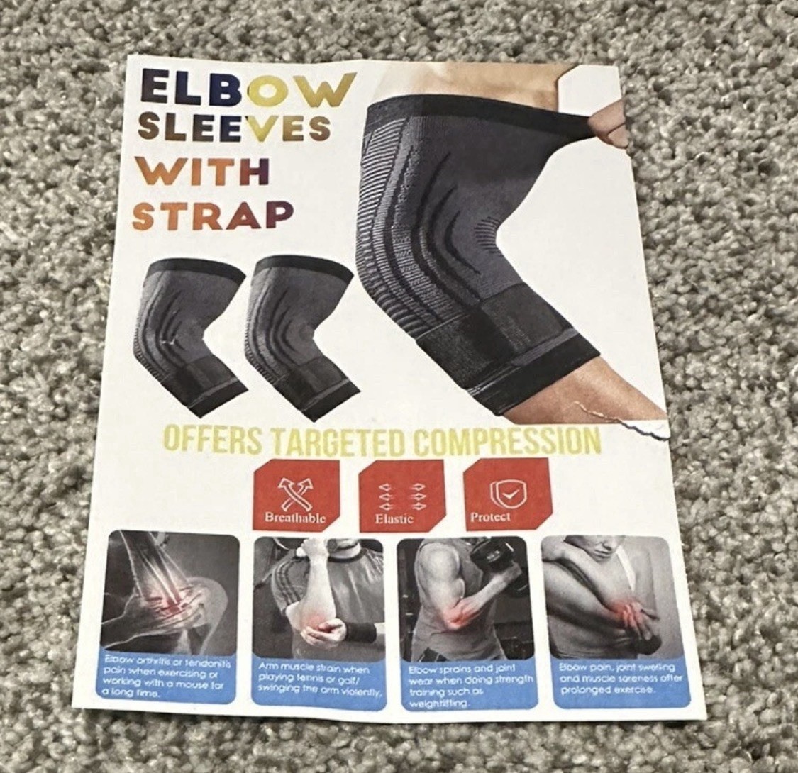 Elbow Brace Support Compression Sleeve Hirui Adjustable Pain Relief Black 2pk