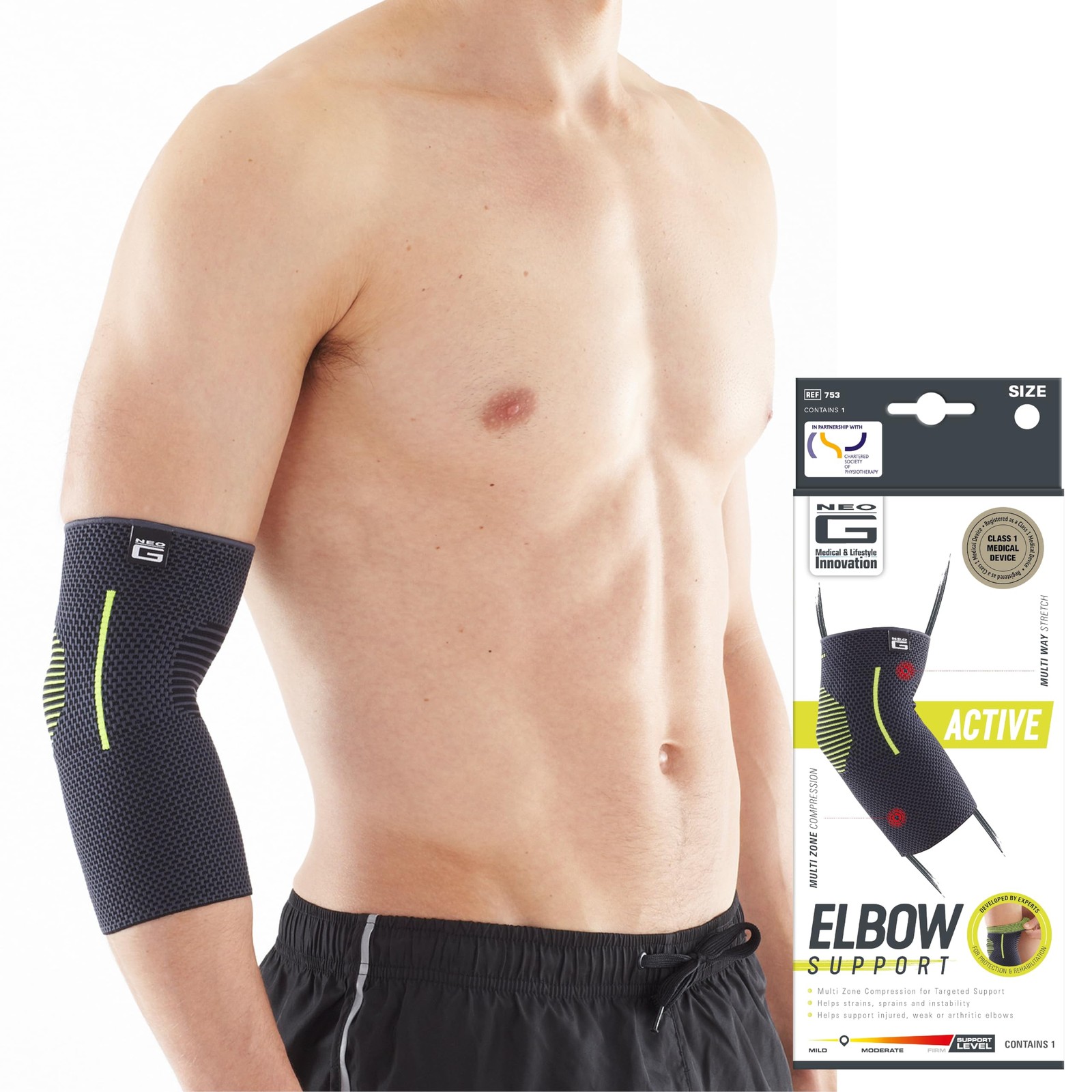 Neo G Elbow Support for Tennis, Golf, Medium: 24 – 27 CM/9.4 – 10.6 IN, Black