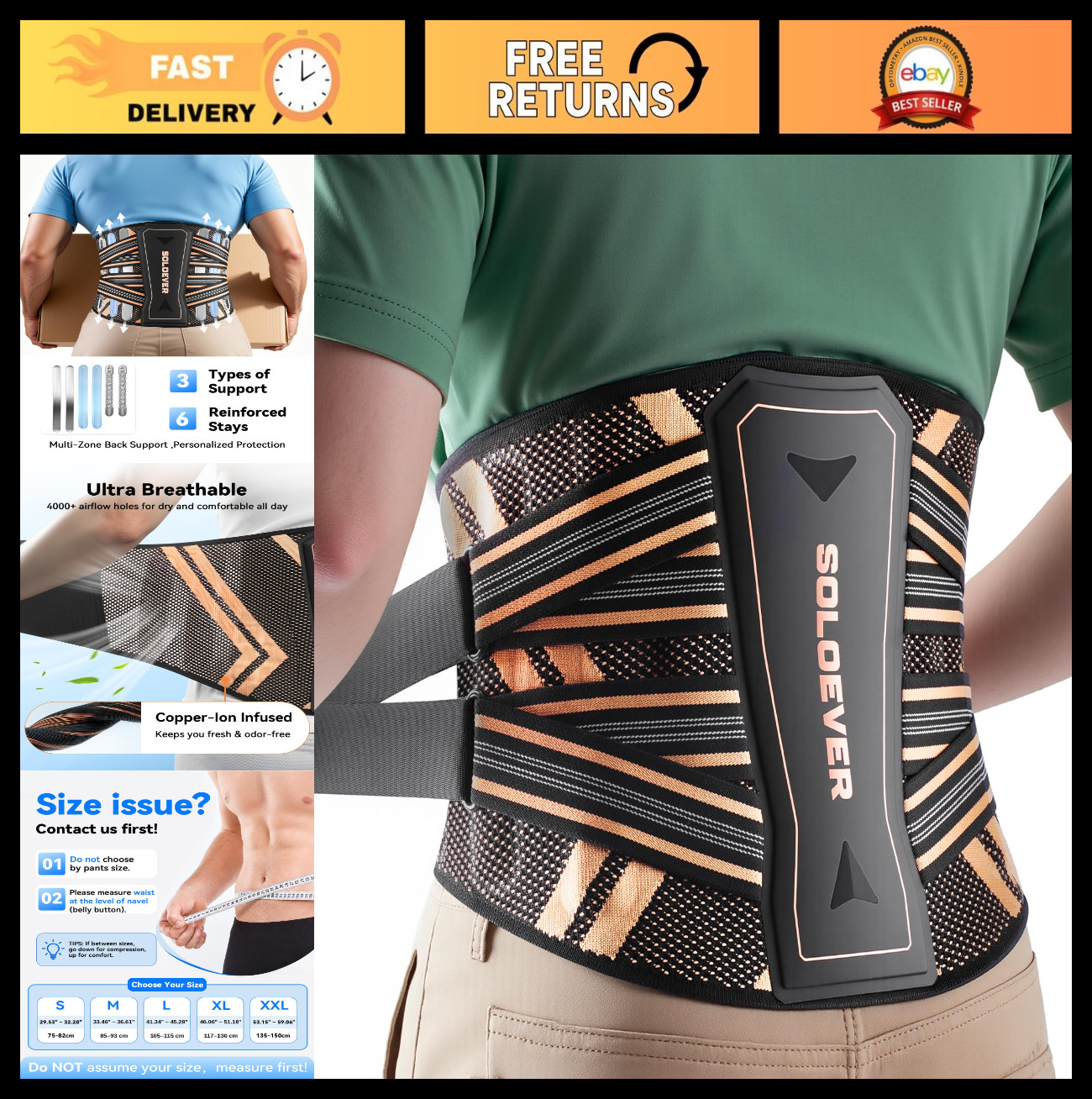 Ultra Breathable Back Brace for Lower Back Pain Relief | Copper Infused Lumbar S