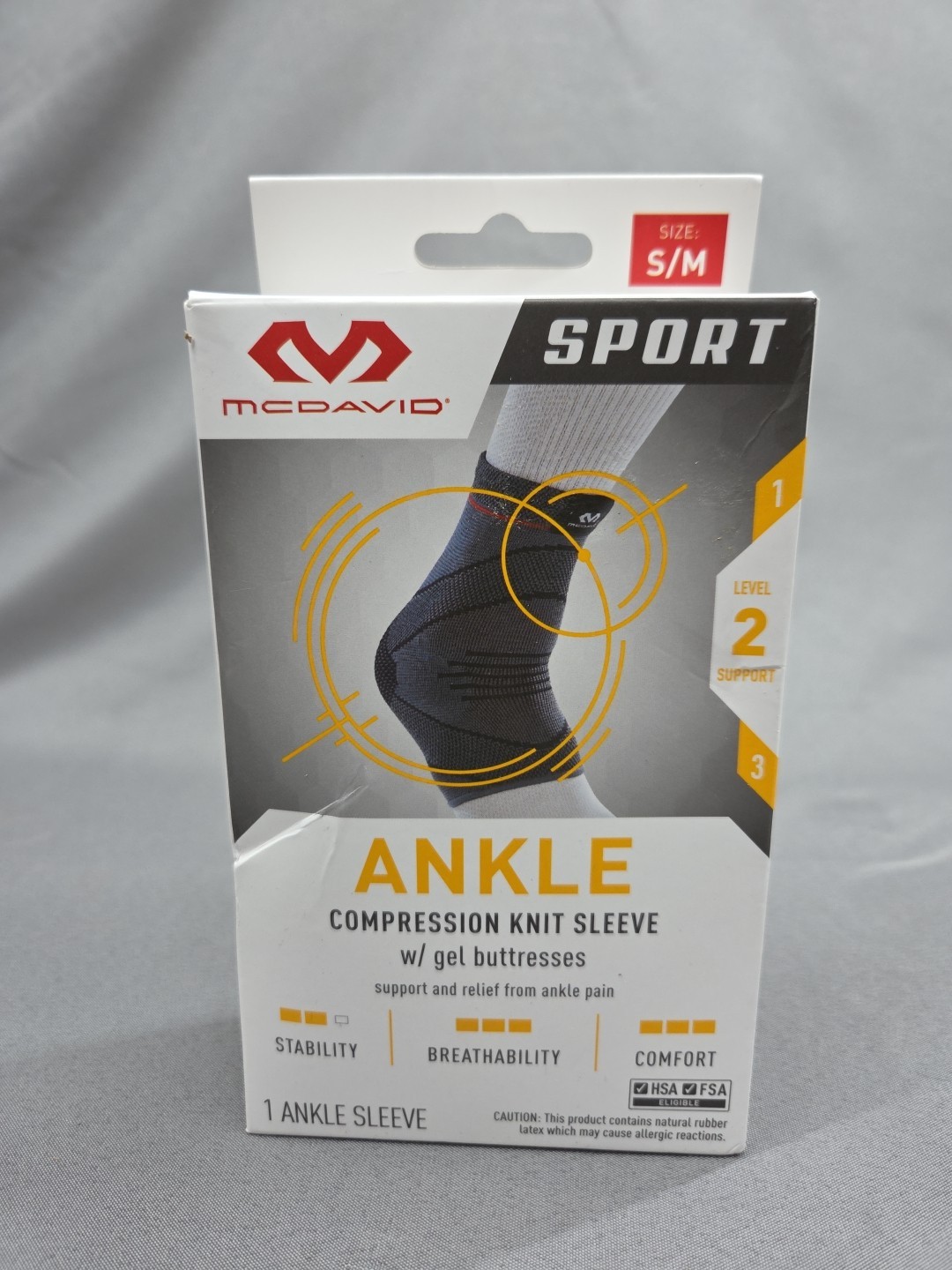 MCDAVID ANKLE COMPRESSION KNIT SLEEVE W/ GEL BUTRESSES, SMALL/MEDIUM – Gray NEW