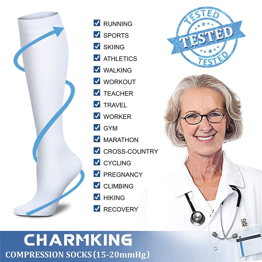 CHMARKING Compression Socks 15~20 mmHg, 3 Pairs, L/XL, White
