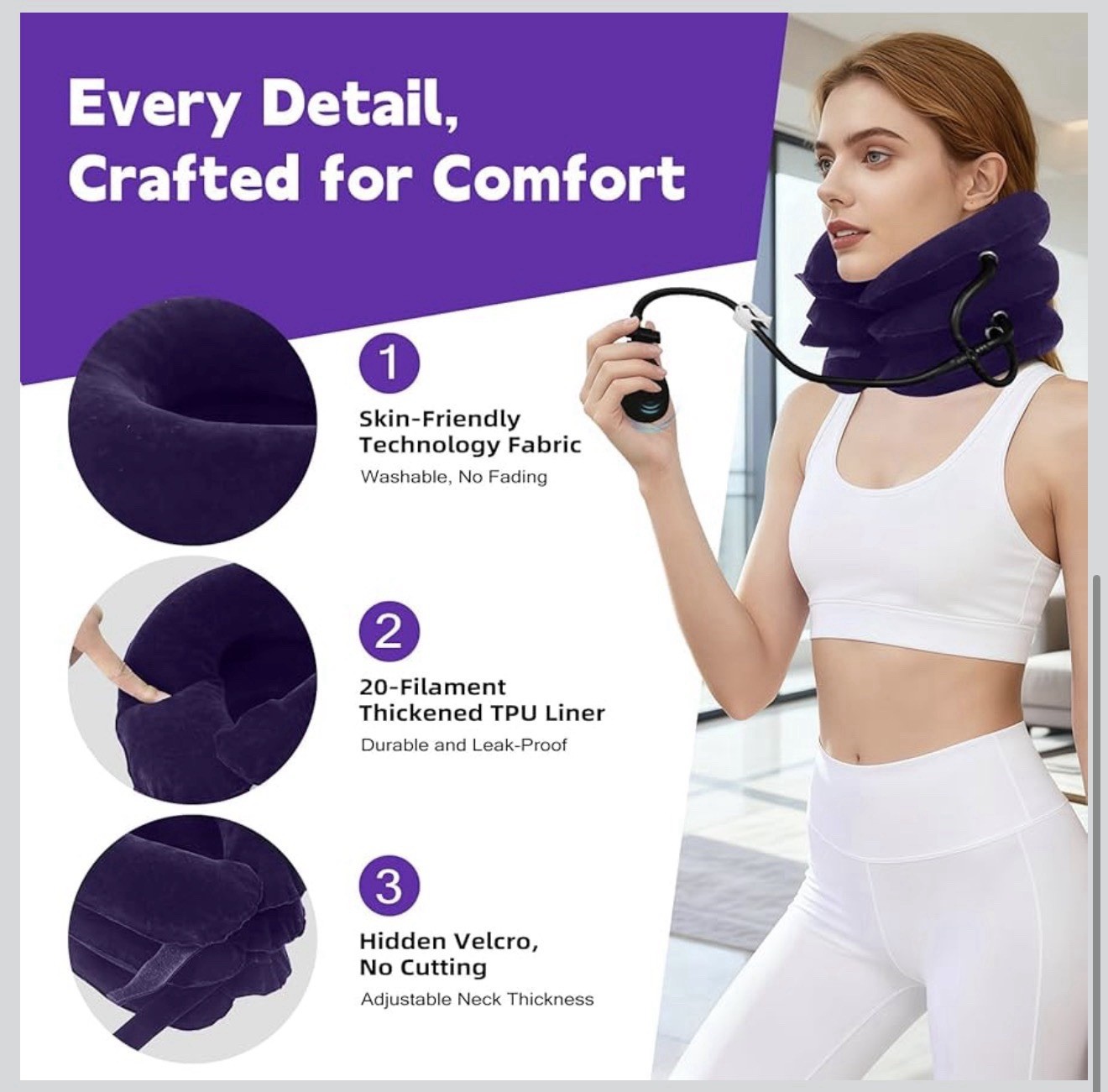 Inflatable Adjustable Neck Traction Cervical Support Collar w/ Hand Pump Purple